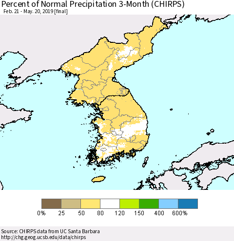 Korea Percent of Normal Precipitation 3-Month (CHIRPS) Thematic Map For 2/21/2019 - 5/20/2019