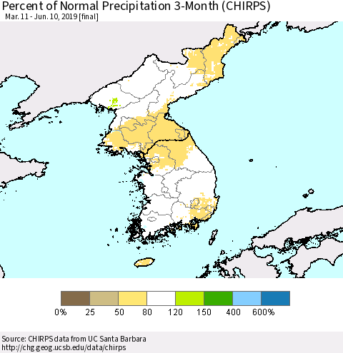 Korea Percent of Normal Precipitation 3-Month (CHIRPS) Thematic Map For 3/11/2019 - 6/10/2019