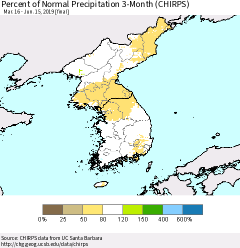 Korea Percent of Normal Precipitation 3-Month (CHIRPS) Thematic Map For 3/16/2019 - 6/15/2019
