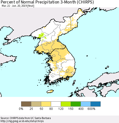Korea Percent of Normal Precipitation 3-Month (CHIRPS) Thematic Map For 3/21/2019 - 6/20/2019