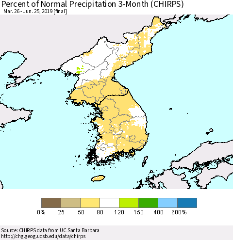 Korea Percent of Normal Precipitation 3-Month (CHIRPS) Thematic Map For 3/26/2019 - 6/25/2019