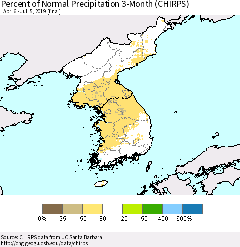 Korea Percent of Normal Precipitation 3-Month (CHIRPS) Thematic Map For 4/6/2019 - 7/5/2019