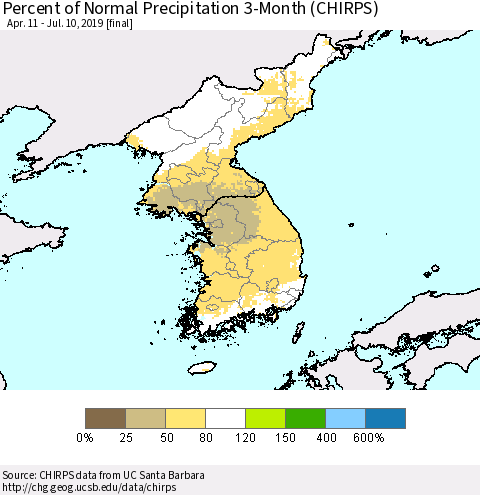 Korea Percent of Normal Precipitation 3-Month (CHIRPS) Thematic Map For 4/11/2019 - 7/10/2019