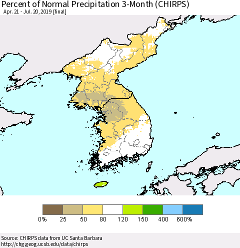Korea Percent of Normal Precipitation 3-Month (CHIRPS) Thematic Map For 4/21/2019 - 7/20/2019