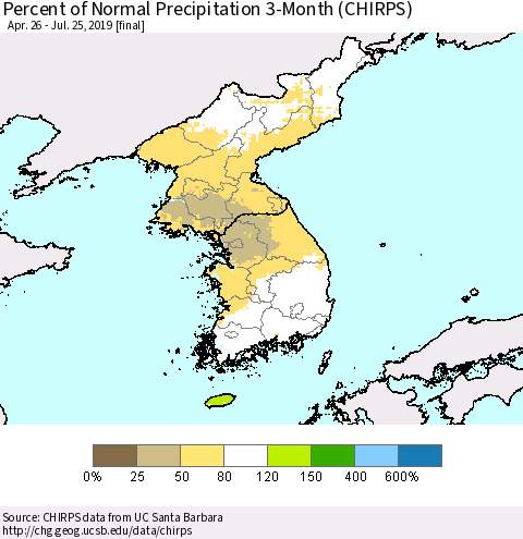 Korea Percent of Normal Precipitation 3-Month (CHIRPS) Thematic Map For 4/26/2019 - 7/25/2019