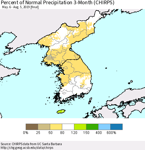 Korea Percent of Normal Precipitation 3-Month (CHIRPS) Thematic Map For 5/6/2019 - 8/5/2019