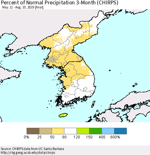 Korea Percent of Normal Precipitation 3-Month (CHIRPS) Thematic Map For 5/11/2019 - 8/10/2019