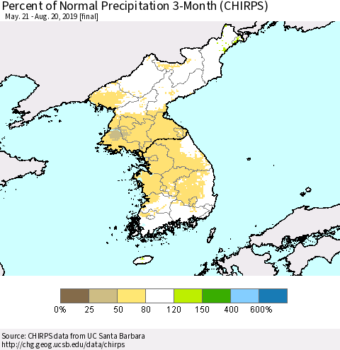 Korea Percent of Normal Precipitation 3-Month (CHIRPS) Thematic Map For 5/21/2019 - 8/20/2019