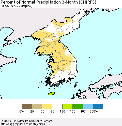 Korea Percent of Normal Precipitation 3-Month (CHIRPS) Thematic Map For 6/6/2019 - 9/5/2019