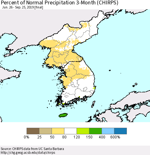 Korea Percent of Normal Precipitation 3-Month (CHIRPS) Thematic Map For 6/26/2019 - 9/25/2019