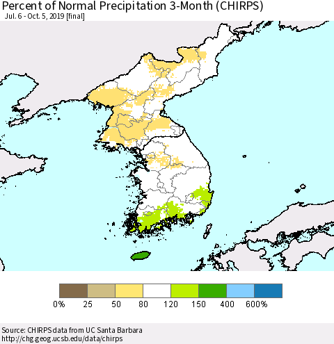 Korea Percent of Normal Precipitation 3-Month (CHIRPS) Thematic Map For 7/6/2019 - 10/5/2019