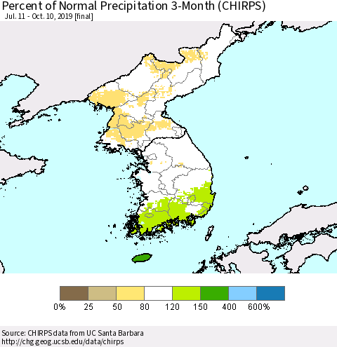 Korea Percent of Normal Precipitation 3-Month (CHIRPS) Thematic Map For 7/11/2019 - 10/10/2019
