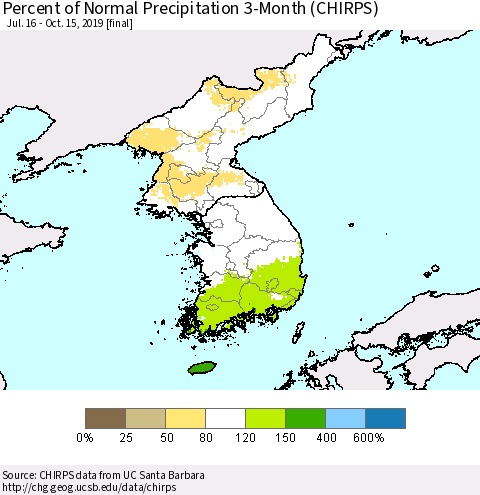 Korea Percent of Normal Precipitation 3-Month (CHIRPS) Thematic Map For 7/16/2019 - 10/15/2019