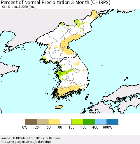 Korea Percent of Normal Precipitation 3-Month (CHIRPS) Thematic Map For 10/6/2019 - 1/5/2020