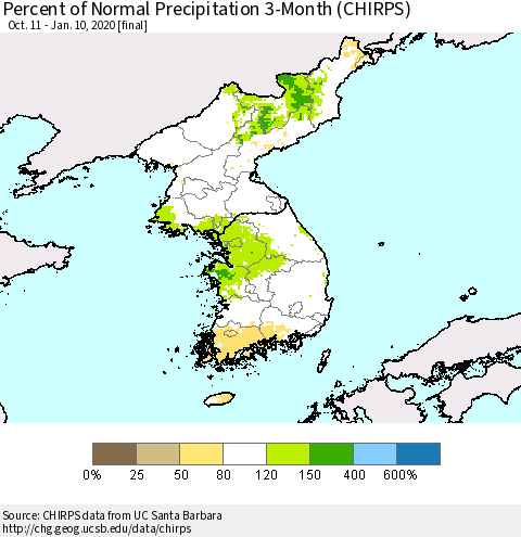 Korea Percent of Normal Precipitation 3-Month (CHIRPS) Thematic Map For 10/11/2019 - 1/10/2020