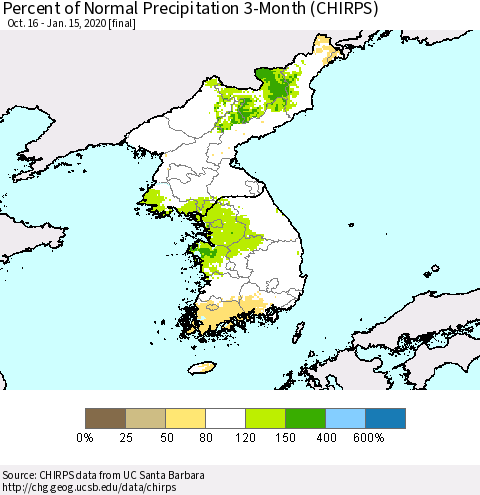 Korea Percent of Normal Precipitation 3-Month (CHIRPS) Thematic Map For 10/16/2019 - 1/15/2020
