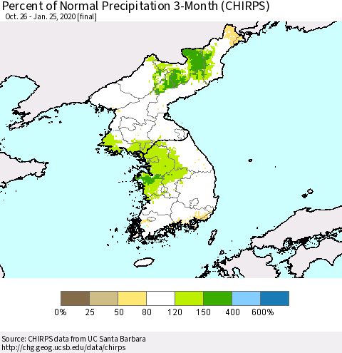 Korea Percent of Normal Precipitation 3-Month (CHIRPS) Thematic Map For 10/26/2019 - 1/25/2020