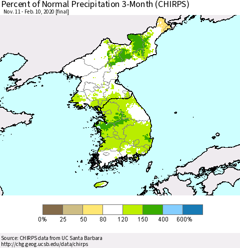 Korea Percent of Normal Precipitation 3-Month (CHIRPS) Thematic Map For 11/11/2019 - 2/10/2020