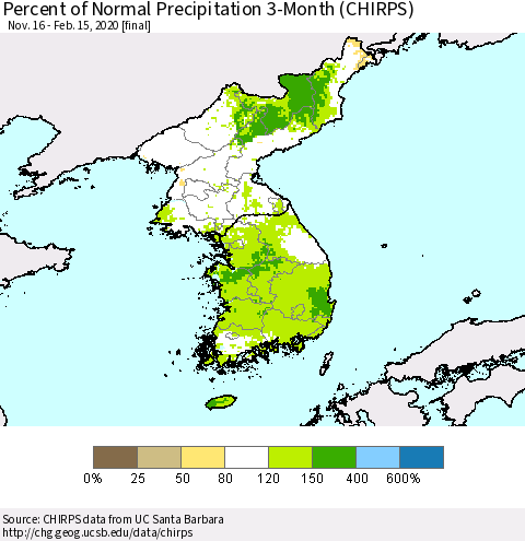 Korea Percent of Normal Precipitation 3-Month (CHIRPS) Thematic Map For 11/16/2019 - 2/15/2020