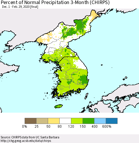 Korea Percent of Normal Precipitation 3-Month (CHIRPS) Thematic Map For 12/1/2019 - 2/29/2020