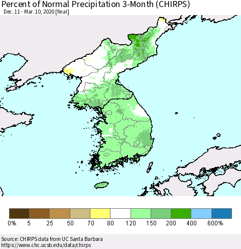 Korea Percent of Normal Precipitation 3-Month (CHIRPS) Thematic Map For 12/11/2019 - 3/10/2020