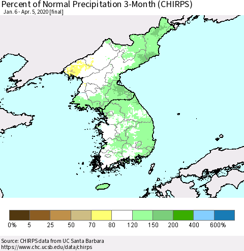 Korea Percent of Normal Precipitation 3-Month (CHIRPS) Thematic Map For 1/6/2020 - 4/5/2020
