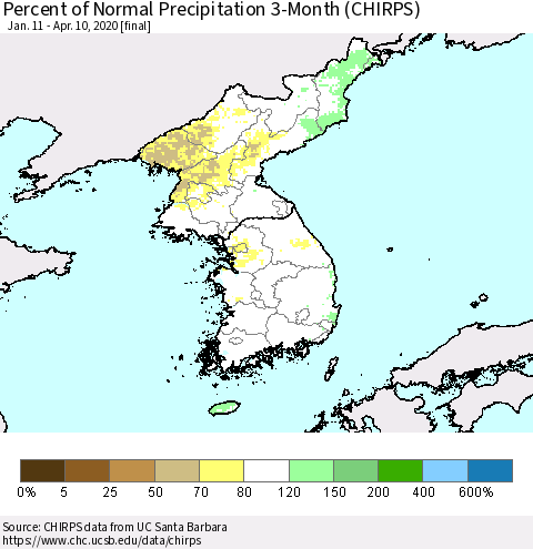 Korea Percent of Normal Precipitation 3-Month (CHIRPS) Thematic Map For 1/11/2020 - 4/10/2020