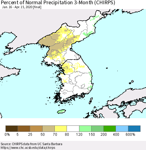 Korea Percent of Normal Precipitation 3-Month (CHIRPS) Thematic Map For 1/16/2020 - 4/15/2020