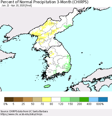 Korea Percent of Normal Precipitation 3-Month (CHIRPS) Thematic Map For 1/21/2020 - 4/20/2020