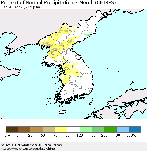 Korea Percent of Normal Precipitation 3-Month (CHIRPS) Thematic Map For 1/26/2020 - 4/25/2020