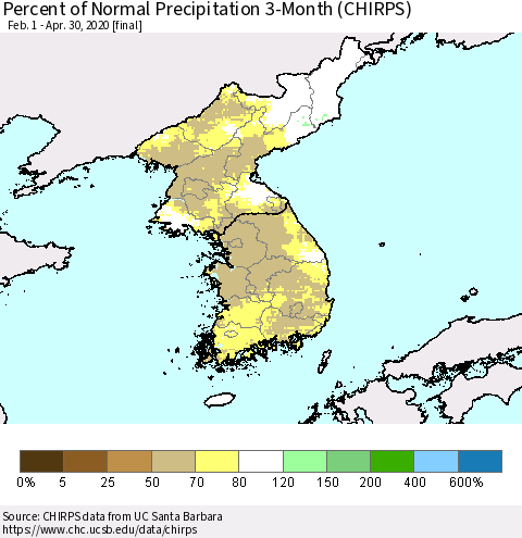 Korea Percent of Normal Precipitation 3-Month (CHIRPS) Thematic Map For 2/1/2020 - 4/30/2020