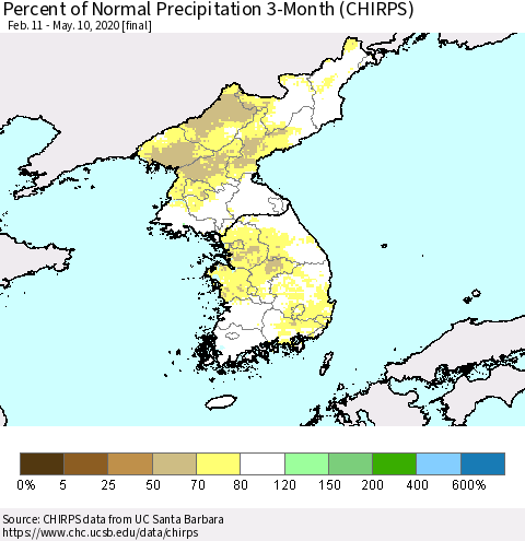 Korea Percent of Normal Precipitation 3-Month (CHIRPS) Thematic Map For 2/11/2020 - 5/10/2020