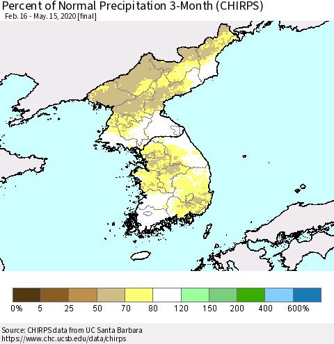 Korea Percent of Normal Precipitation 3-Month (CHIRPS) Thematic Map For 2/16/2020 - 5/15/2020