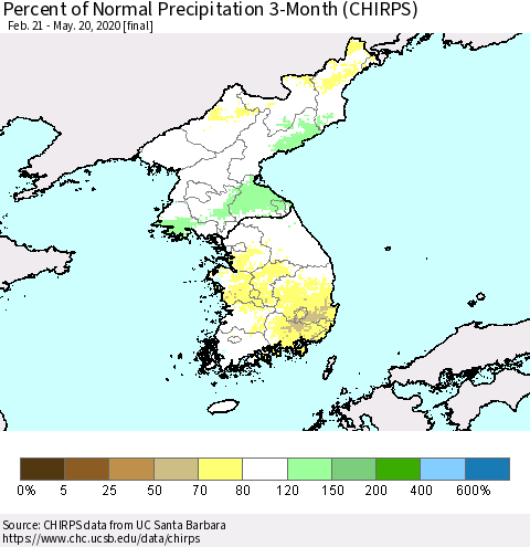 Korea Percent of Normal Precipitation 3-Month (CHIRPS) Thematic Map For 2/21/2020 - 5/20/2020