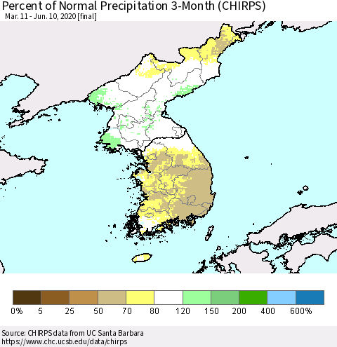 Korea Percent of Normal Precipitation 3-Month (CHIRPS) Thematic Map For 3/11/2020 - 6/10/2020