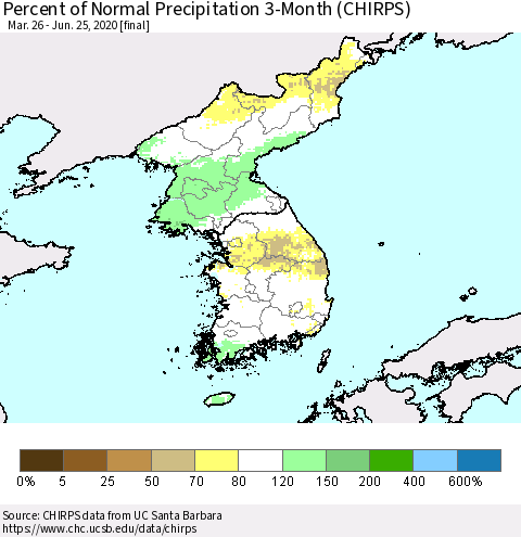 Korea Percent of Normal Precipitation 3-Month (CHIRPS) Thematic Map For 3/26/2020 - 6/25/2020