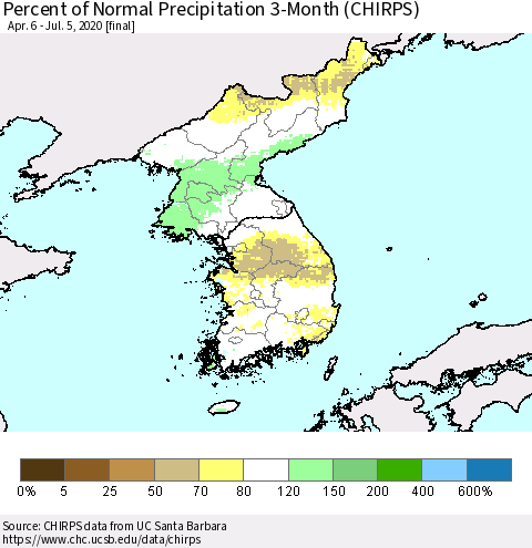 Korea Percent of Normal Precipitation 3-Month (CHIRPS) Thematic Map For 4/6/2020 - 7/5/2020