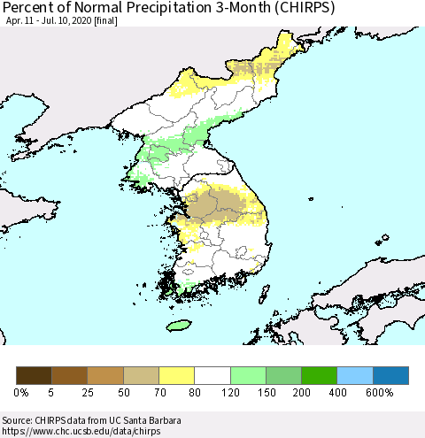 Korea Percent of Normal Precipitation 3-Month (CHIRPS) Thematic Map For 4/11/2020 - 7/10/2020