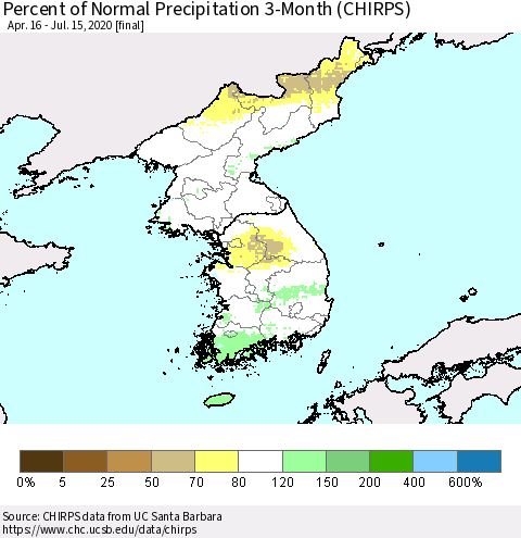 Korea Percent of Normal Precipitation 3-Month (CHIRPS) Thematic Map For 4/16/2020 - 7/15/2020