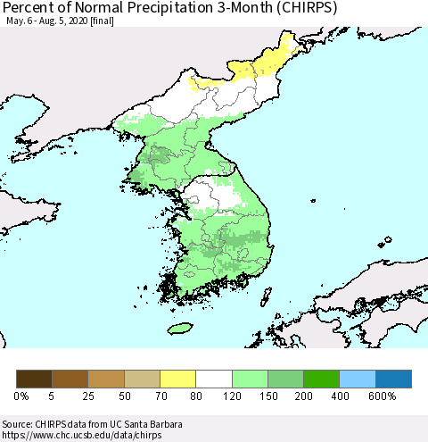 Korea Percent of Normal Precipitation 3-Month (CHIRPS) Thematic Map For 5/6/2020 - 8/5/2020