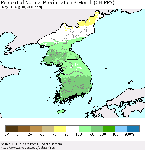 Korea Percent of Normal Precipitation 3-Month (CHIRPS) Thematic Map For 5/11/2020 - 8/10/2020