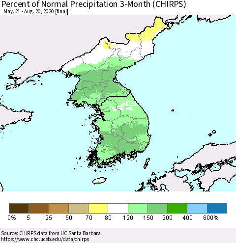 Korea Percent of Normal Precipitation 3-Month (CHIRPS) Thematic Map For 5/21/2020 - 8/20/2020