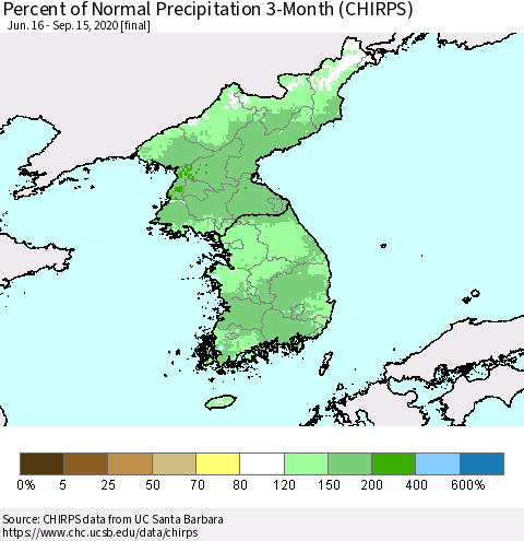 Korea Percent of Normal Precipitation 3-Month (CHIRPS) Thematic Map For 6/16/2020 - 9/15/2020