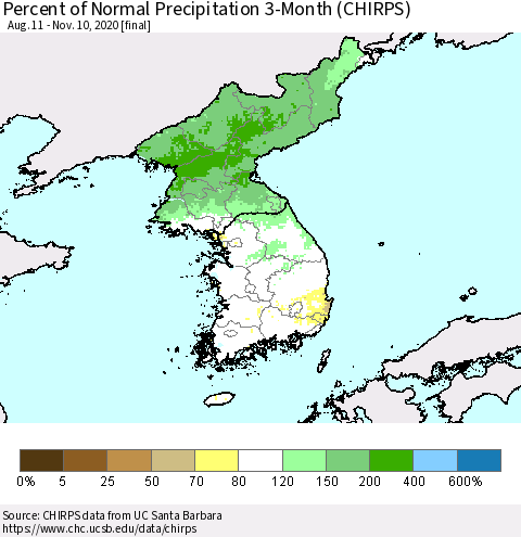 Korea Percent of Normal Precipitation 3-Month (CHIRPS) Thematic Map For 8/11/2020 - 11/10/2020