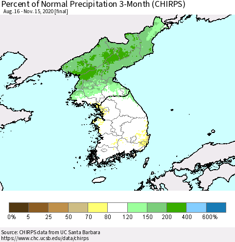 Korea Percent of Normal Precipitation 3-Month (CHIRPS) Thematic Map For 8/16/2020 - 11/15/2020