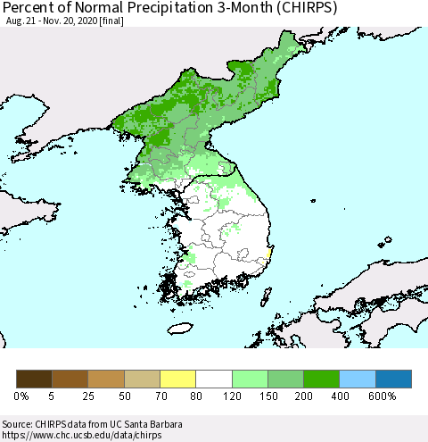 Korea Percent of Normal Precipitation 3-Month (CHIRPS) Thematic Map For 8/21/2020 - 11/20/2020