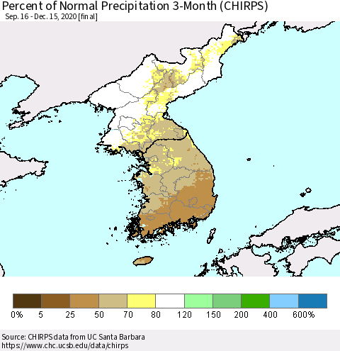 Korea Percent of Normal Precipitation 3-Month (CHIRPS) Thematic Map For 9/16/2020 - 12/15/2020