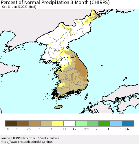 Korea Percent of Normal Precipitation 3-Month (CHIRPS) Thematic Map For 10/6/2020 - 1/5/2021