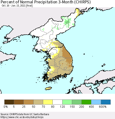 Korea Percent of Normal Precipitation 3-Month (CHIRPS) Thematic Map For 10/16/2020 - 1/15/2021