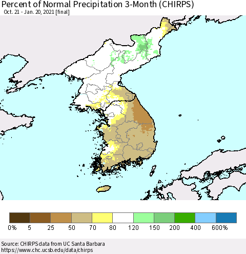 Korea Percent of Normal Precipitation 3-Month (CHIRPS) Thematic Map For 10/21/2020 - 1/20/2021
